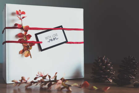 Retro, natural and simple xmas present with beautiful window lightの写真素材