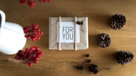 Beautiful retro christmas present, flat lay viewの写真素材