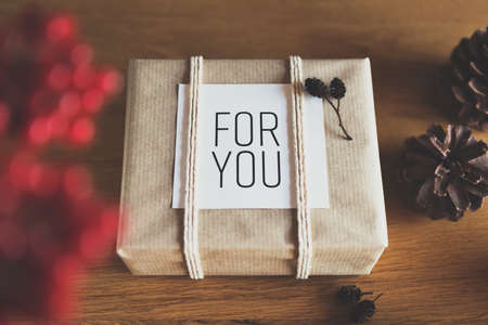 Beautiful retro christmas present, flat lay viewの写真素材