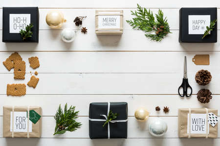 Elegant nordic retro christmas, wrapping station, desk view from above, DIY xmas conceptの写真素材