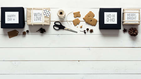 Retro christmas, wrapping station desk view from above, DIY xmas conceptの写真素材