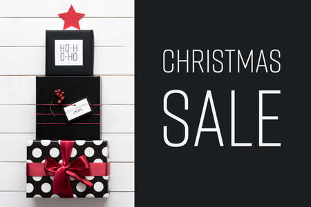 Christmas sale concept. Black, red and white christmas presentsの写真素材