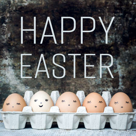 Five natural cute easter eggs with faces, happy easter retro backgroundの写真素材
