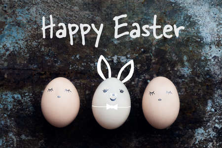 Three cute easter eggs with faces, happy easter bunny retro background