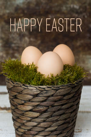 Three Easter eggs in a moss basket, happy easter concept, retro Easter backgroundの写真素材