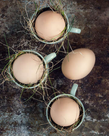 Uncolored natural easter eggs in green espresso cups, happy easter concept, retro easter backgroundの写真素材