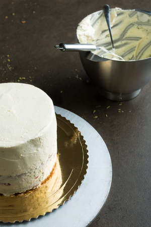 Delicious sponge cake filled with butter cream and decorated with frosting