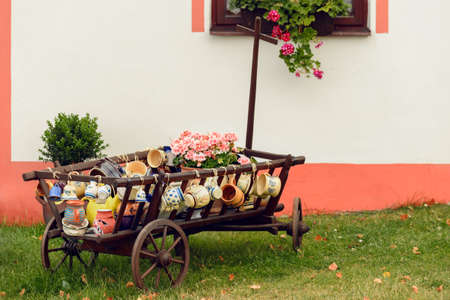 Colorful pottery on display, Holasovice, Czech republicの写真素材