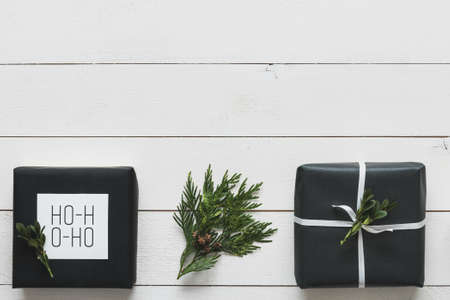 Elegant nordic retro christmas presents, desk view from above, DIY xmas conceptの写真素材