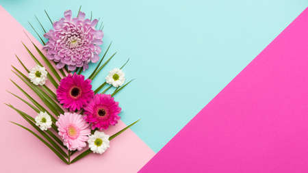 Happy Mother's Day, Women's Day, Valentine's Day or Birthday Pastel Candy Colors Background. Floral flat lay minimal concept.の写真素材