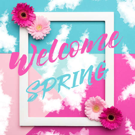 Welcome Spring Themed Pastel Coloured Background. Spring time floral flat lay minimalism greeting card.の写真素材
