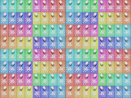 Medication bottle and white pills spilled on pastel coloured backgrounds. Medication and...