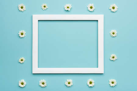 Happy Father's day Pastel Blue Candy Colours Background. Flat lay minimalism greeting card with picture frame mock up.の写真素材