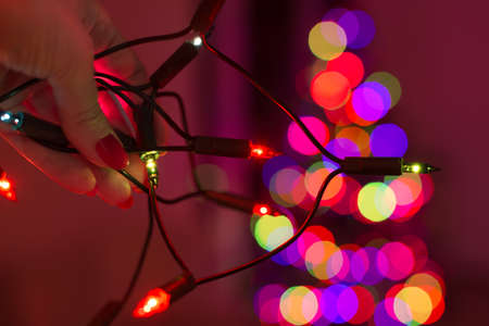 Female hand holding string of Christmas lights with defocused xmas tree in the background. Christmas...
