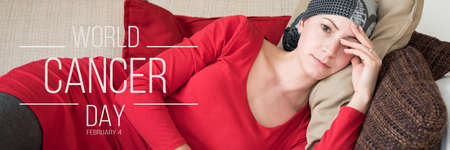World Cancer Day Banner. Young adult female cancer patient relaxing on a couch. Tired, exhausted,...