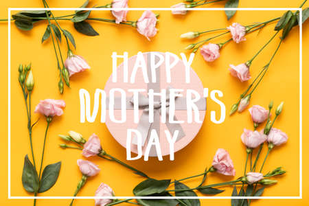Happy Mother's Day Background. Bright Yellow and Pastel Pink Colored Mother Day Background. Flat lay...