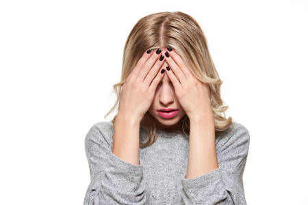 Stressed Exhausted Young Female Student Having Strong Tension Headache. Feeling Pressure And Stress....