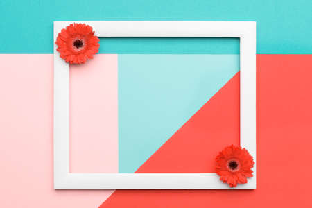 Happy Mother's Day, Women's Day, Valentine's Day or Birthday Living Coral Background. Floral flat...