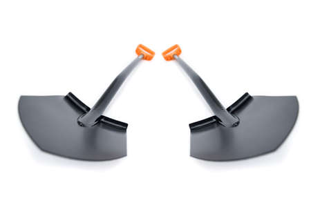 Brand new black metal spade or a shovel isolated over white background. Gardening equipment cut out studio shot.の写真素材