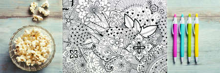 Adult coloring book, stress relieving trend. Art therapy, mental health, creativity and mindfulness...