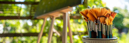 Art therapy, creative hobbies and mindfulness concept. Watercolor painting art supplies lifestyle web banner.の写真素材