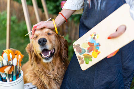 Young female artist working on her art canvas painting outdoors in her garden with golden retriever keeping her company. Creative hobbies concept.の写真素材