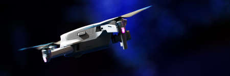A flying drone banner. Airborne quadcopter. Also known as a drone or UAV, Unmanned Aerial Vehicle. Drone with camera on a colorful blue background with copy space.の写真素材