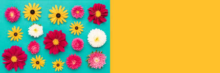 Happy Mother's Day, Women's Day, Valentine's Day or Birthday Pastel Blue and Yellow Background. Multi colored flat lay greeting card banner with beautiful flowers.の写真素材