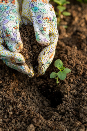 Gardener planting flowers in her flowerbed. Gardening concept. Garden landscaping small business owner. Planting snapdragon seedlings close up shot.の写真素材
