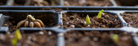 Ranunculus asiaticus or persian buttercup. Sprouting ranunculus corms in a seed tray. Ranunculus corms, tubers or bulbs. Ranunculus sprouts close up.の写真素材