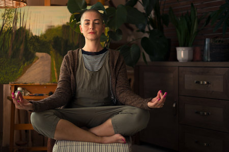 Young female cancer patient meditating in livingroom. Mental health, life balance, mindfulness and...