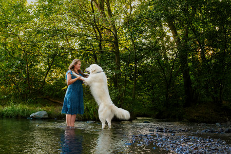 Young woman and her large white Great Pyrenees dog enjoying time together, cooling off in a stream...