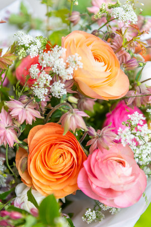 Spring mixed ranunculus bouquet. Beautiful pastel colored fresh flowers arrangement. Birthday...