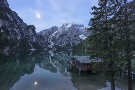 Braies / Prags, Dolomites, South Tyrol, Italy. The Lake Braies with half-moon / Pragser Wildseeの写真素材