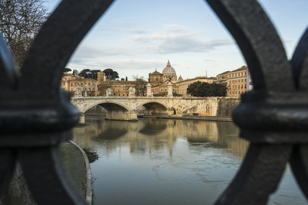 Rome, Lazio, Italy. The St. Peter's Basilica seen from Ponte Sant'Angeloの写真素材