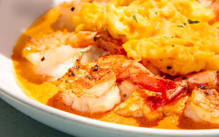Shrimp and eggs breakfast mealの写真素材