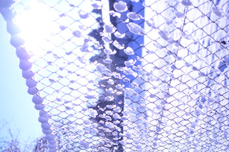 Winterday snow ion Fence sun is shiningの写真素材