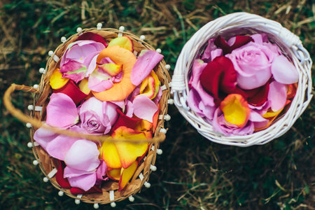 Marriage Flowers basket Pink yellow on Grassの写真素材