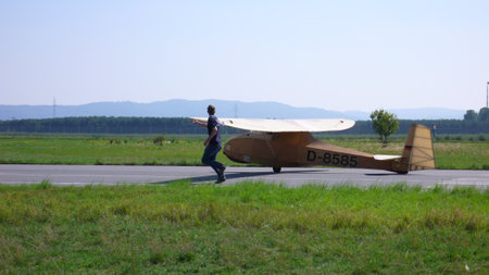 classic glider plane starting at August Euler Flugplatz Griesheimの写真素材