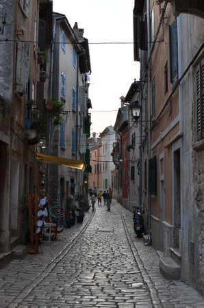 Croatia - Rovinj on Istria peninsula. Old town cobbled street View mediteraneanの写真素材
