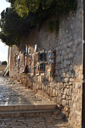 Croatia - Rovinj on Istria peninsula. Old town cobbled street View mediteraneanの写真素材