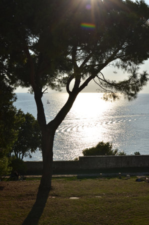 Croatia coast sunset mirroring contrast landscape backgroundの写真素材