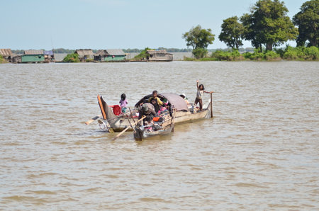 Boats an Fisherman Mekong River phnom Phen Cambodiaの写真素材