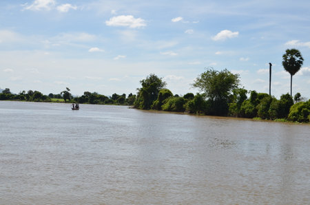 Boats an Fisherman Mekong River phnom Phen Cambodiaの写真素材