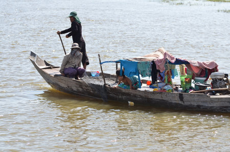 Boats an Fisherman Mekong River phnom Phen Cambodiaの写真素材