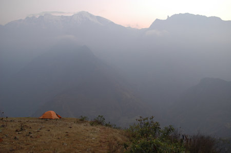 Tent on Hill Andes Mountain Trekking Panorama beautiful sky sunriseの写真素材