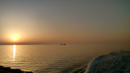 Sunset on Ferry Paros Greece mediteranean island aegeanの写真素材