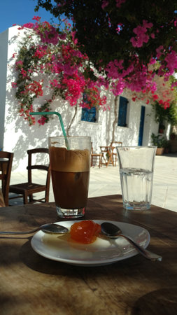 Coffee Table Paros Greece mediteranean island aegeanの写真素材