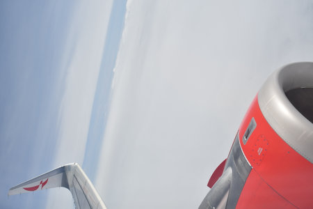 Airplane Jet Window Blue Sky red Engine