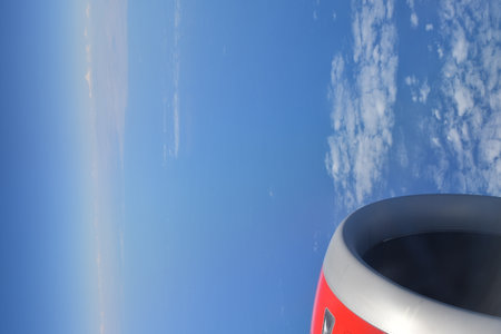Airplane Jet Window Blue Sky red Engine